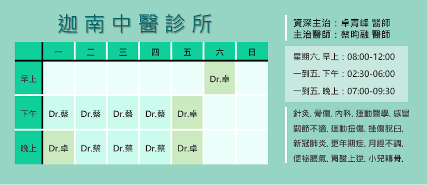 迦南中醫診所-嘉義中醫推薦｜月經失調｜運動扭傷｜挫傷脫臼｜更年期症｜小兒轉骨